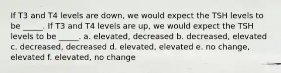 If T3 and T4 levels are down, we would expect the TSH levels to be _____. If T3 and T4 levels are up, we would expect the TSH levels to be _____. a. elevated, decreased b. decreased, elevated c. decreased, decreased d. elevated, elevated e. no change, elevated f. elevated, no change