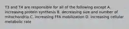 T3 and T4 are responsible for all of the following except A. increasing protein synthesis B. decreasing size and number of mitochondria C. increasing FFA mobilization D. increasing cellular metabolic rate