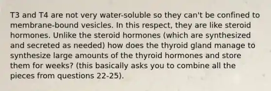 T3 and T4 are not very water-soluble so they can't be confined to membrane-bound vesicles. In this respect, they are like steroid hormones. Unlike the steroid hormones (which are synthesized and secreted as needed) how does the thyroid gland manage to synthesize large amounts of the thyroid hormones and store them for weeks? (this basically asks you to combine all the pieces from questions 22-25).