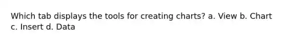 Which tab displays the tools for creating charts? a. View b. Chart c. Insert d. Data