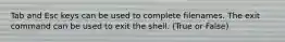 Tab and Esc keys can be used to complete filenames. The exit command can be used to exit the shell. (True or False)