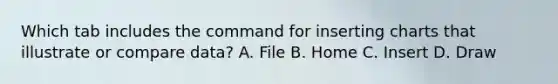 Which tab includes the command for inserting charts that illustrate or compare data? A. File B. Home C. Insert D. Draw