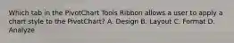 Which tab in the PivotChart Tools Ribbon allows a user to apply a chart style to the PivotChart? A. Design B. Layout C. Format D. Analyze