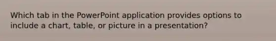 Which tab in the PowerPoint application provides options to include a chart, table, or picture in a presentation?