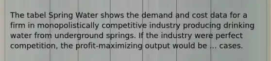 The tabel Spring Water shows the demand and cost data for a firm in monopolistically competitive industry producing drinking water from underground springs. If the industry were perfect competition, the profit-maximizing output would be ... cases.