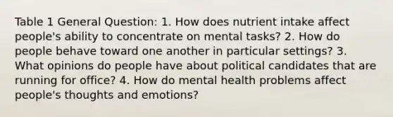 Table 1 General Question: 1. How does nutrient intake affect people's ability to concentrate on mental tasks? 2. How do people behave toward one another in particular settings? 3. What opinions do people have about political candidates that are running for office? 4. How do mental health problems affect people's thoughts and emotions?