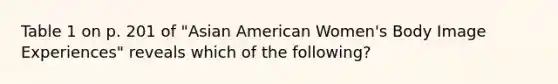 Table 1 on p. 201 of "Asian American Women's Body Image Experiences" reveals which of the following?