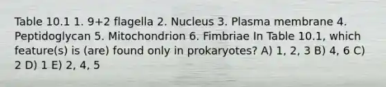 Table 10.1 1. 9+2 flagella 2. Nucleus 3. Plasma membrane 4. Peptidoglycan 5. Mitochondrion 6. Fimbriae In Table 10.1, which feature(s) is (are) found only in prokaryotes? A) 1, 2, 3 B) 4, 6 C) 2 D) 1 E) 2, 4, 5