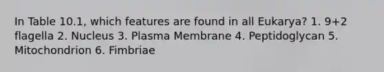 In Table 10.1, which features are found in all Eukarya? 1. 9+2 flagella 2. Nucleus 3. Plasma Membrane 4. Peptidoglycan 5. Mitochondrion 6. Fimbriae