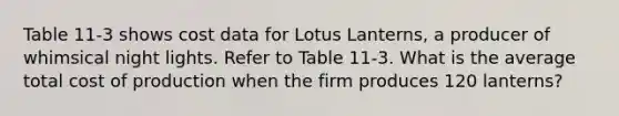 Table 11-3 shows cost data for Lotus Lanterns, a producer of whimsical night lights. Refer to Table 11-3. What is the average total cost of production when the firm produces 120 lanterns?