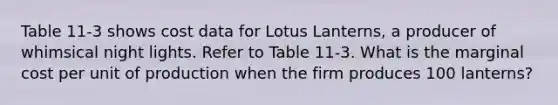 Table 11-3 shows cost data for Lotus Lanterns, a producer of whimsical night lights. Refer to Table 11-3. What is the marginal cost per unit of production when the firm produces 100 lanterns?