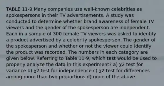 TABLE 11-9 Many companies use well-known celebrities as spokespersons in their TV advertisements. A study was conducted to determine whether brand awareness of female TV viewers and the gender of the spokesperson are independent. Each in a sample of 300 female TV viewers was asked to identify a product advertised by a celebrity spokesperson. The gender of the spokesperson and whether or not the viewer could identify the product was recorded. The numbers in each category are given below. Referring to Table 11-9, which test would be used to properly analyze the data in this experiment? a) χ2 test for variance b) χ2 test for independence c) χ2 test for differences among more than two proportions d) none of the above