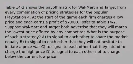 Table 14-2 shows the payoff matrix for Wal-Mart and Target from every combination of pricing strategies for the popular PlayStation 4. At the start of the game each firm charges a low price and each earns a profit of 7,000. Refer to Table 14-2. Suppose Wal-Mart and Target both advertise that they will match the lowest price offered by any competitor. What is the purpose of such a strategy? A) to signal to each other to share the market equally B) to signal to each other that they will not hesitate to initiate a price war C) to signal to each other that they intend to charge the high price D) to signal to each other not to charge below the current low price