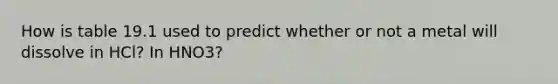 How is table 19.1 used to predict whether or not a metal will dissolve in HCl? In HNO3?