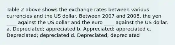 Table 2 above shows the exchange rates between various currencies and the US dollar. Between 2007 and 2008, the yen ____ against the US dollar and the euro ____ against the US dollar. a. Depreciated; appreciated b. Appreciated; appreciated c. Depreciated; depreciated d. Depreciated; depreciated