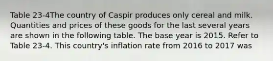 Table 23-4The country of Caspir produces only cereal and milk. Quantities and prices of these goods for the last several years are shown in the following table. The base year is 2015. ​Refer to Table 23-4. This country's inflation rate from 2016 to 2017 was