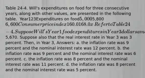 Table 24-4. Will's expenditures on food for three consecutive years, along with other values, are presented in the following table. ​ Year123Expenditures on food5,0005,8006,600Consumer price index160.0168.0x ​ Refer to Table 24-4. Suppose Will's Year 1 food expenditures in Year 3 dollars amounted to5,670. Suppose also that the real interest rate in Year 3 was 3 percent. Then, in Year 3, Answers: a. the inflation rate was 9 percent and the nominal interest rate was 12 percent. b. the inflation rate was 9 percent and the nominal interest rate was 6 percent. c. the inflation rate was 8 percent and the nominal interest rate was 11 percent. d. the inflation rate was 8 percent and the nominal interest rate was 5 percent.