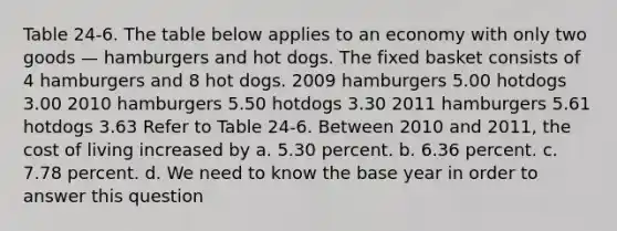 Table 24-6. The table below applies to an economy with only two goods — hamburgers and hot dogs. The fixed basket consists of 4 hamburgers and 8 hot dogs. 2009 hamburgers 5.00 hotdogs 3.00 2010 hamburgers 5.50 hotdogs 3.30 2011 hamburgers 5.61 hotdogs 3.63 Refer to Table 24-6. Between 2010 and 2011, the cost of living increased by a. 5.30 percent. b. 6.36 percent. c. 7.78 percent. d. We need to know the base year in order to answer this question