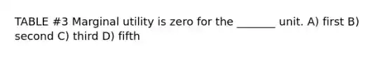 TABLE #3 Marginal utility is zero for the _______ unit. A) first B) second C) third D) fifth