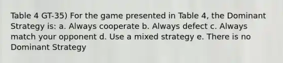 Table 4 GT-35) For the game presented in Table 4, the Dominant Strategy is: a. Always cooperate b. Always defect c. Always match your opponent d. Use a mixed strategy e. There is no Dominant Strategy