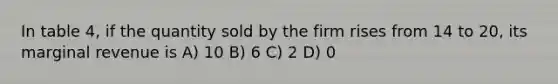 In table 4, if the quantity sold by the firm rises from 14 to 20, its marginal revenue is A) 10 B) 6 C) 2 D) 0