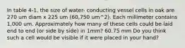 In table 4-1, the size of water- conducting vessel cells in oak are 270 um diam x 225 um (60,750 um^2). Each millimeter contains 1,000 um. Approximately how many of these cells could be laid end to end (or side by side) in 1mm? 60.75 mm Do you think such a cell would be visible if it were placed in your hand?