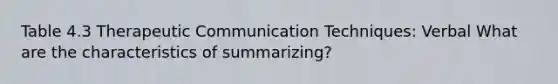 Table 4.3 Therapeutic Communication Techniques: Verbal What are the characteristics of summarizing?