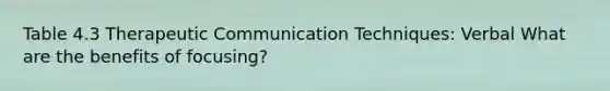 Table 4.3 Therapeutic Communication Techniques: Verbal What are the benefits of focusing?