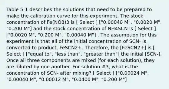 Table 5-1 describes the solutions that need to be prepared to make the calibration curve for this experiment. The stock concentration of Fe(NO3)3 is [ Select ] ["0.00040 M", "0.0020 M", "0.200 M"] and the stock concentration of NH4SCN is [ Select ] ["0.0020 M", "0.200 M", "0.00040 M"] . The assumption for this experiment is that all of the initial concentration of SCN- is converted to product, FeSCN2+. Therefore, the [FeSCN2+] is [ Select ] ["equal to", "<a href='https://www.questionai.com/knowledge/k7BtlYpAMX-less-than' class='anchor-knowledge'>less than</a>", "<a href='https://www.questionai.com/knowledge/ktgHnBD4o3-greater-than' class='anchor-knowledge'>greater than</a>"] the initial [SCN-]. Once all three components are mixed (for each solution), they are diluted by one another. For solution #3, what is the concentration of SCN- after mixing? [ Select ] ["0.00024 M", "0.00040 M", "0.00012 M", "0.0400 M", "0.200 M"]