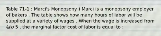 Table 71-1 : Marci's Monopsony ) Marci is a monopsony employer of bakers . The table shows how many hours of labor will be supplied at a variety of wages . When the wage is increased from 4 to 5 , the marginal factor cost of labor is equal to :