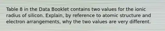 Table 8 in the Data Booklet contains two values for the ionic radius of silicon. Explain, by reference to atomic structure and electron arrangements, why the two values are very different.