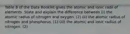 Table 8 of the Data Booklet gives the atomic and ionic radii of elements. State and explain the difference between (i) the atomic radius of nitrogen and oxygen. (2) (ii) the atomic radius of nitrogen and phosphorus. (1) (iii) the atomic and ionic radius of nitrogen. (2)