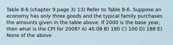 Table 8-6 (chapter 9 page 3) 13) Refer to Table 8-6. Suppose an economy has only three goods and the typical family purchases the amounts given in the table above. If 2000 is the base year, then what is the CPI for 2008? A) 40.08 B) 180 C) 100 D) 188 E) None of the above