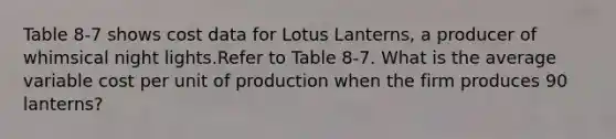 Table 8-7 shows cost data for Lotus Lanterns, a producer of whimsical night lights.Refer to Table 8-7. What is the average variable cost per unit of production when the firm produces 90 lanterns?