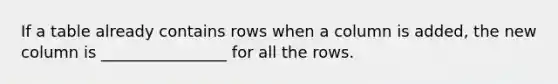 If a table already contains rows when a column is added, the new column is ________________ for all the rows.