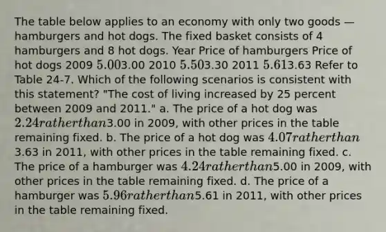 The table below applies to an economy with only two goods — hamburgers and hot dogs. The fixed basket consists of 4 hamburgers and 8 hot dogs. Year Price of hamburgers Price of hot dogs 2009 5.003.00 2010 5.503.30 2011 5.613.63 Refer to Table 24-7. Which of the following scenarios is consistent with this statement? "The cost of living increased by 25 percent between 2009 and 2011." a. The price of a hot dog was 2.24 rather than3.00 in 2009, with other prices in the table remaining fixed. b. The price of a hot dog was 4.07 rather than3.63 in 2011, with other prices in the table remaining fixed. c. The price of a hamburger was 4.24 rather than5.00 in 2009, with other prices in the table remaining fixed. d. The price of a hamburger was 5.96 rather than5.61 in 2011, with other prices in the table remaining fixed.