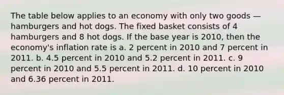 The table below applies to an economy with only two goods — hamburgers and hot dogs. The fixed basket consists of 4 hamburgers and 8 hot dogs. If the base year is 2010, then the economy's inflation rate is a. 2 percent in 2010 and 7 percent in 2011. b. 4.5 percent in 2010 and 5.2 percent in 2011. c. 9 percent in 2010 and 5.5 percent in 2011. d. 10 percent in 2010 and 6.36 percent in 2011.