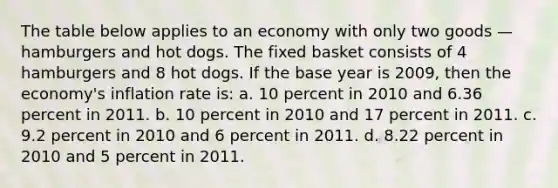 The table below applies to an economy with only two goods — hamburgers and hot dogs. The fixed basket consists of 4 hamburgers and 8 hot dogs. If the base year is 2009, then the economy's inflation rate is: a. 10 percent in 2010 and 6.36 percent in 2011. b. 10 percent in 2010 and 17 percent in 2011. c. 9.2 percent in 2010 and 6 percent in 2011. d. 8.22 percent in 2010 and 5 percent in 2011.