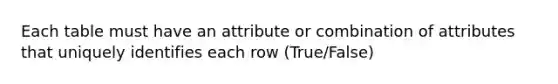 Each table must have an attribute or combination of attributes that uniquely identifies each row (True/False)