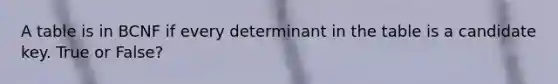 A table is in BCNF if every determinant in the table is a candidate key. True or False?