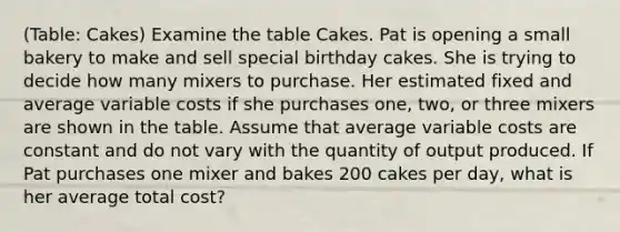 (Table: Cakes) Examine the table Cakes. Pat is opening a small bakery to make and sell special birthday cakes. She is trying to decide how many mixers to purchase. Her estimated fixed and average variable costs if she purchases one, two, or three mixers are shown in the table. Assume that average variable costs are constant and do not vary with the quantity of output produced. If Pat purchases one mixer and bakes 200 cakes per day, what is her average total cost?