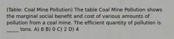 (Table: Coal Mine Pollution) The table Coal Mine Pollution shows the marginal social benefit and cost of various amounts of pollution from a coal mine. The efficient quantity of pollution is _____ tons. A) 8 B) 0 C) 2 D) 4