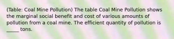 (Table: Coal Mine Pollution) The table Coal Mine Pollution shows the marginal social benefit and cost of various amounts of pollution from a coal mine. The efficient quantity of pollution is _____ tons.