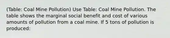 (Table: Coal Mine Pollution) Use Table: Coal Mine Pollution. The table shows the marginal social benefit and cost of various amounts of pollution from a coal mine. If 5 tons of pollution is produced: