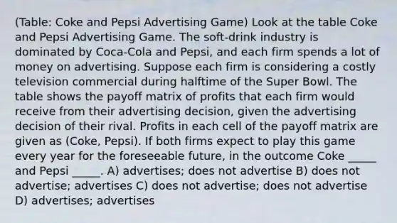 (Table: Coke and Pepsi Advertising Game) Look at the table Coke and Pepsi Advertising Game. The soft-drink industry is dominated by Coca-Cola and Pepsi, and each firm spends a lot of money on advertising. Suppose each firm is considering a costly television commercial during halftime of the Super Bowl. The table shows the payoff matrix of profits that each firm would receive from their advertising decision, given the advertising decision of their rival. Profits in each cell of the payoff matrix are given as (Coke, Pepsi). If both firms expect to play this game every year for the foreseeable future, in the outcome Coke _____ and Pepsi _____. A) advertises; does not advertise B) does not advertise; advertises C) does not advertise; does not advertise D) advertises; advertises