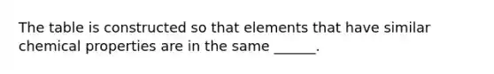 The table is constructed so that elements that have similar chemical properties are in the same ______.