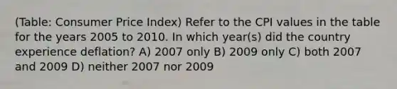 (Table: Consumer Price Index) Refer to the CPI values in the table for the years 2005 to 2010. In which year(s) did the country experience deflation? A) 2007 only B) 2009 only C) both 2007 and 2009 D) neither 2007 nor 2009