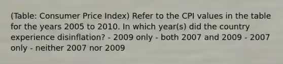 (Table: Consumer Price Index) Refer to the CPI values in the table for the years 2005 to 2010. In which year(s) did the country experience disinflation? - 2009 only - both 2007 and 2009 - 2007 only - neither 2007 nor 2009