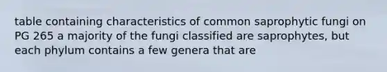 table containing characteristics of common saprophytic fungi on PG 265 a majority of the fungi classified are saprophytes, but each phylum contains a few genera that are