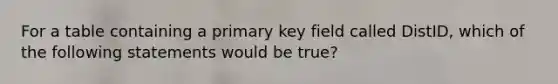 For a table containing a primary key field called DistID, which of the following statements would be true?